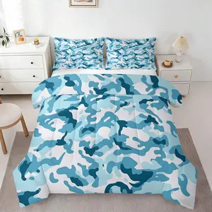 Light Blue Camo Pattern Comforter Set, 1 Comforter + 1/2 Pillowcases, Soft Comfortable HD All-Season Bedding, Ideal for Nautical-Themed Bedrooms, Guys’ Dorms & Minimalist Decor
