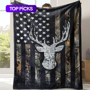 Flag & Deer Head Themed Flannel Fleece Blanket - Cozy Chic, Polyester Fiber, Soft Texture, Multi-Size, 1-Count Warm Throw for Home, Travel, Cozy Chic Blanket, Flannel Fleece Blankets