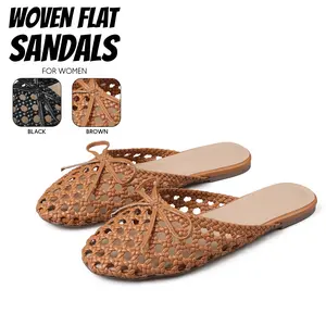 Woven Flat Sandals for Womens Round Toe Fashionable Bow Knot Decoration Hollow Out Espadrilles Easy Slip on Comfy Slides Beach Vacation Spring Summer Mule Sandal Gifts Work Casual Dailywear Trendy Dressy Shoes