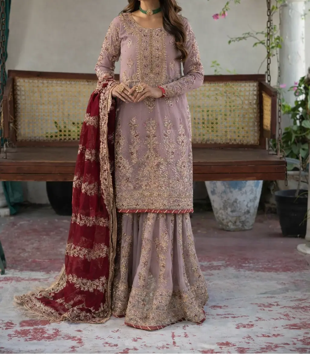 Formal Women's Clothes - 3-Piece Matching Gharara Set in Mauve Chiffon Fabric with Flared Trouser, Floral Zardozi Work, Sequins & Organza Dupatta for Wedding Guest Wear, Elegance, Embroidered, Wedding Wear, Floral Motifs, 3-Piece Ensemble, Beadwork And Se