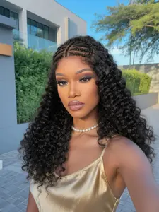 22 Inch Lace Front Cornrow Braided Wig, Pre-Braided Synthetic Hair, Natural Box Braid, Curly Wave, for African American Women, Lace Frontal Wigs