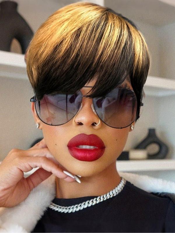 1b/27 Honey Blonde Ombre Color Short Wavy Bob Pixie Cut Wig, Full Machine-Made Human Hair, with Bangs for Women, Stylish & Versatile Design