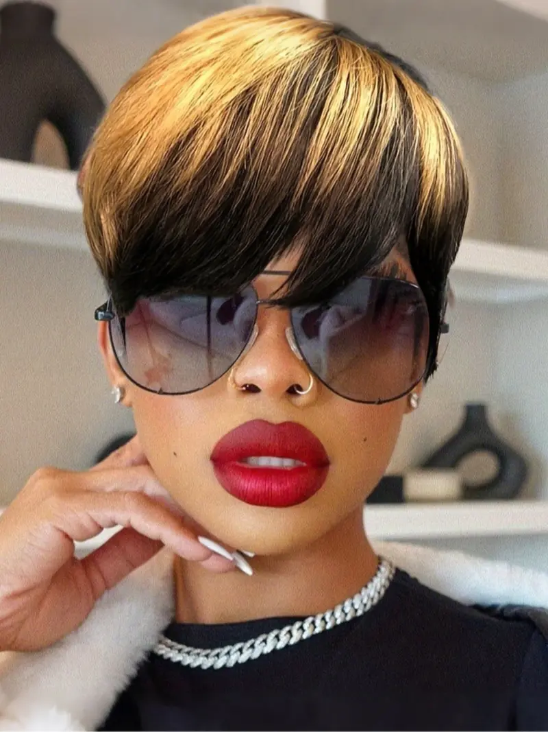 1b/27 Honey Blonde Ombre Color Short Wavy Bob Pixie Cut Wig, Full Machine-Made Human Hair, with Bangs for Women, Stylish & Versatile Design