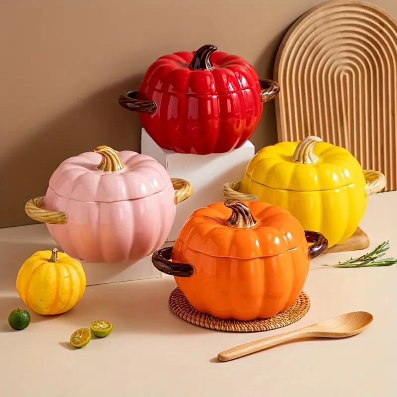 Large Pumpkin-Shaped Ceramic Soup Pot with Lid - Dual-Handle, Dishwasher Safe, Perfect for Stew & Salad - Ideal Halloween, Christmas, and New Year Gift in Red/Orange/Pink/Yellow