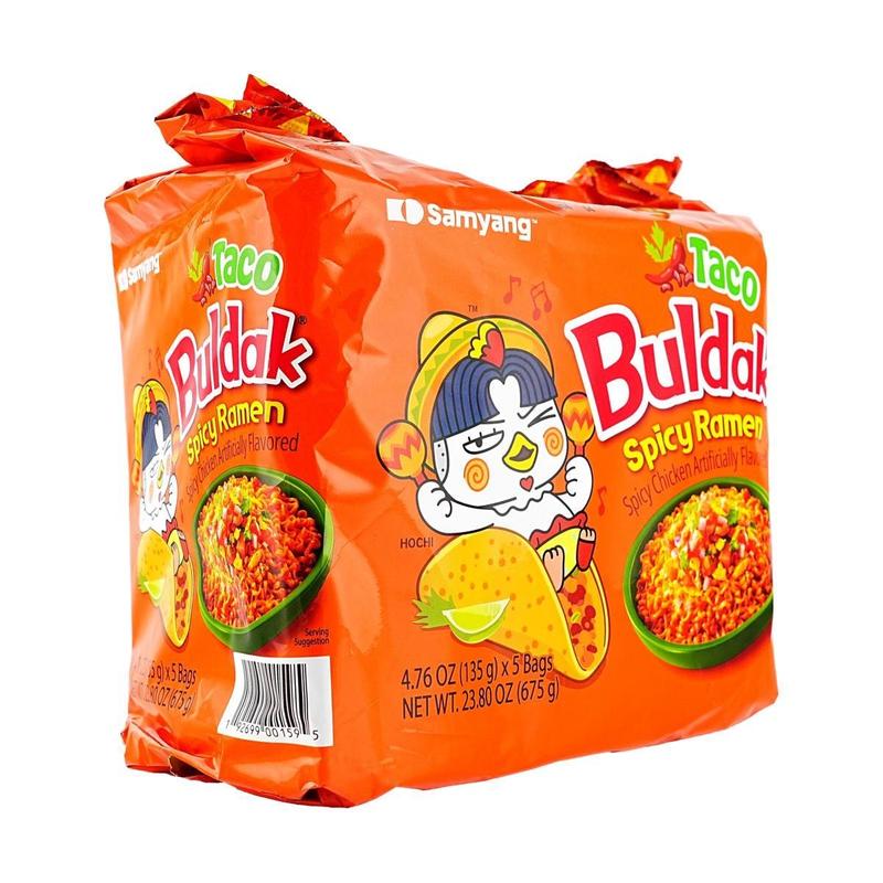 Samyang Buldak Spicy Taco Ramen Noodles - Authentic Korean Instant Noodles, Halal Certified, 5 Pack, 675g, Mexican & Korean Fusion Flavor