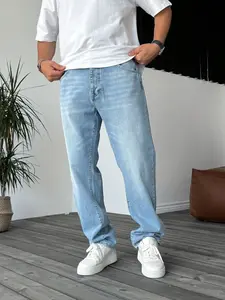 Men's Blue Light Wash Straight Leg Denim Jeans Pants, Menswear, Casual Loose-Fit Plain Design, All-Season Comfortable Fit, Versatile Style for Everyday Wear, Classic