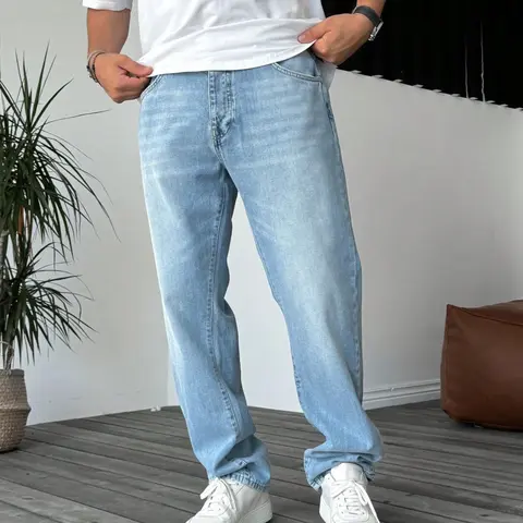 Men's Straight Jeans, Washed Straight Leg, Versatile Casual Denim Jeans, Mid Waist, All Seasons, Plain Surface, Cotton Material, Pants