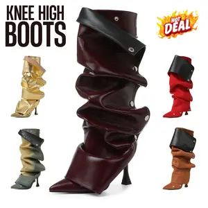 VIMISAOI Womens Knee High Boots Stiletto Boots Pointed Toe High Heels Wide Calf Ruched Slouchy Boots Detachable Snap off Panel Mid Calf Summer Boots For Women