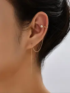 Elegant Long Dangle Flower Zirconia Ear Cuff Earrings, Star Design Pierced Hoop Jewelry for Women, All-Season Casual Accessory, High Quality Earrings