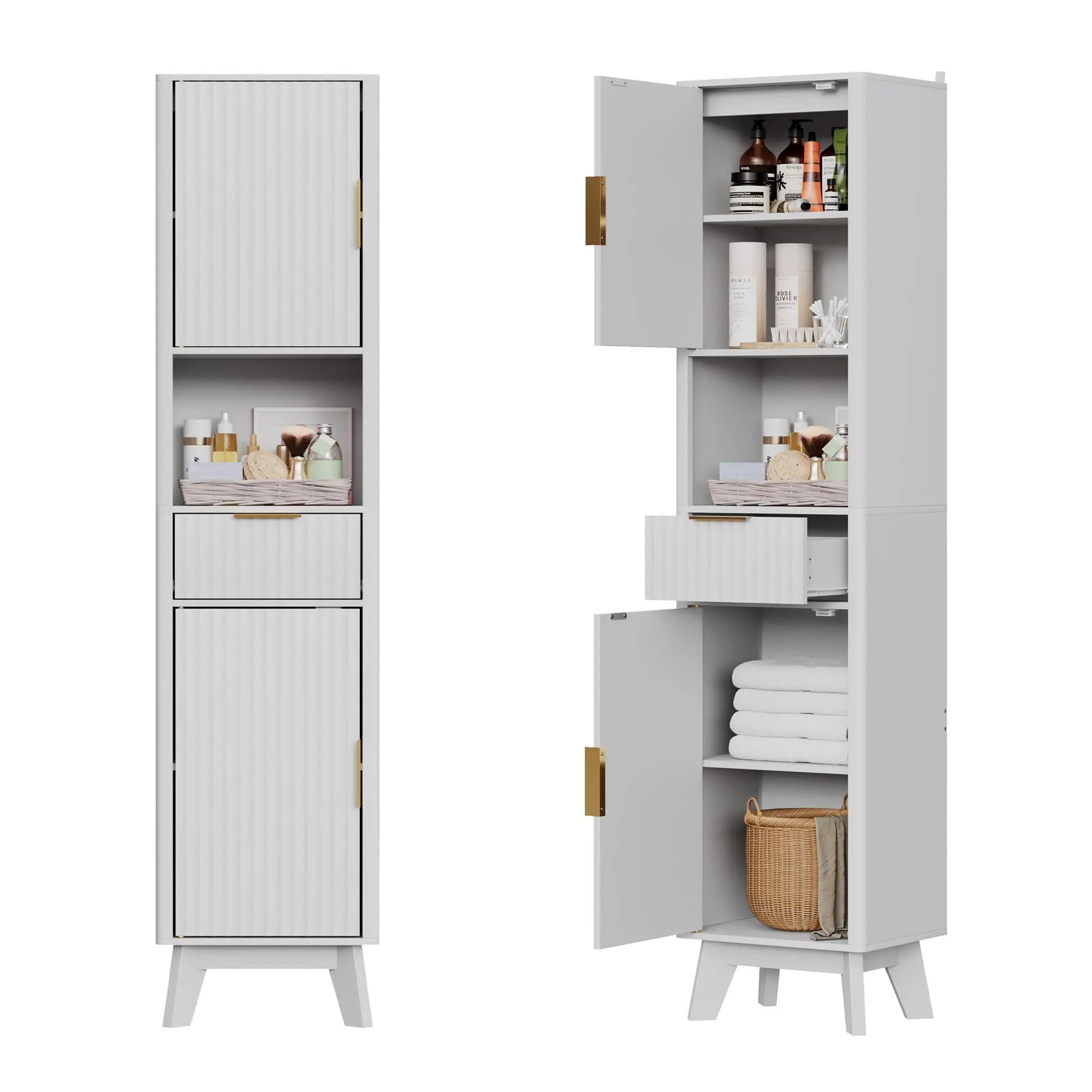 Tall Bathroom Cabinet, 67" Storage Cabinet with 2 Doors and 1 Drawer, Narrow Cabinets with Wave Doors, Silm Bathroom Cabinets for Kitchen, Living Room, Entryway