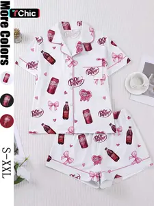 Women's Heart Bow Print Sleepwear Set, Short Sleeve Button-Up Top & Elastic Shorts, Casual Home Wear, Party