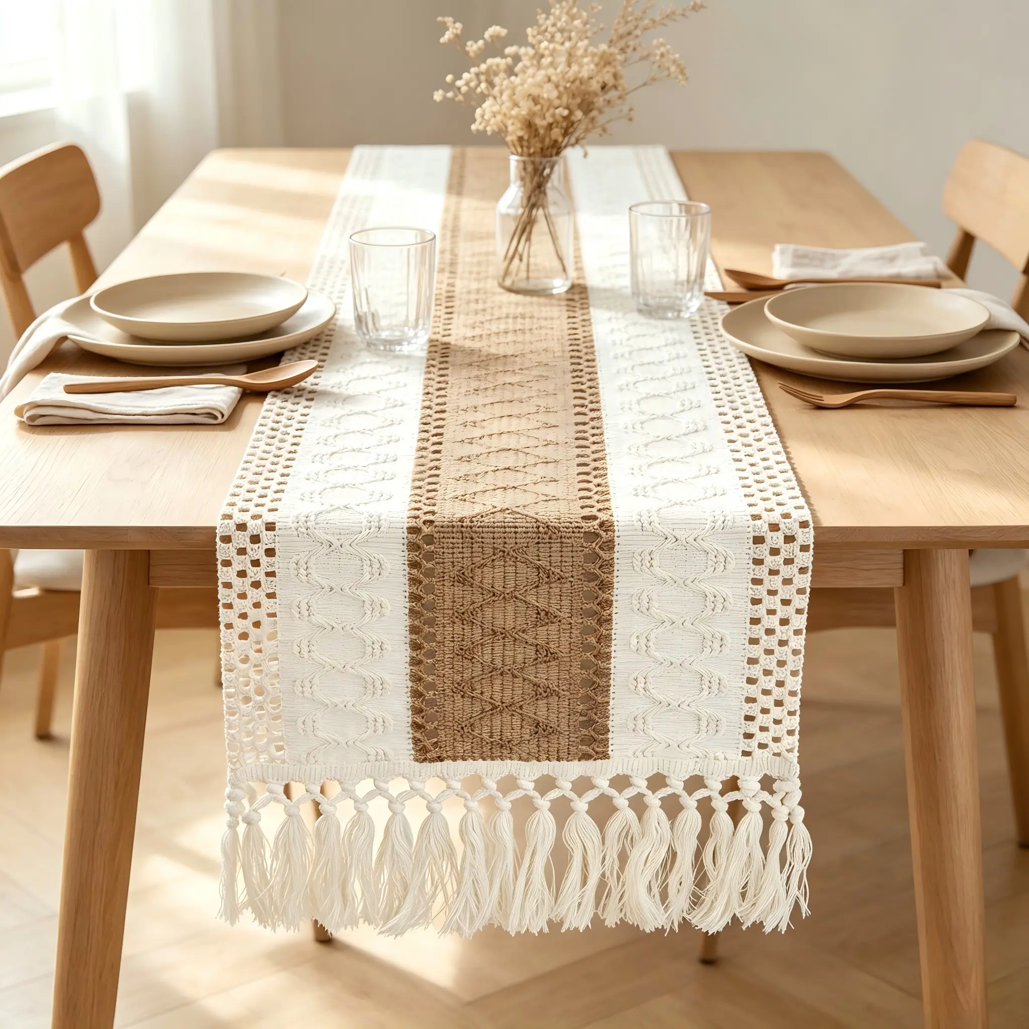 Table Runner,Boho Table Runner for Home Decor with Tassels 72 Inches Farmhouse Long Pottery Barn Furniture Rustic Macrame Burlap Table Decoration for Living Room Bridal Shower (12x72 Inches)
