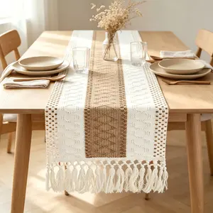 Table Runner,Boho Table Runner for Home Decor with Tassels 72 Inches Farmhouse Long Pottery Barn Furniture Rustic Macrame Burlap Table Decoration for Living Room Bridal Shower (12x72 Inches)