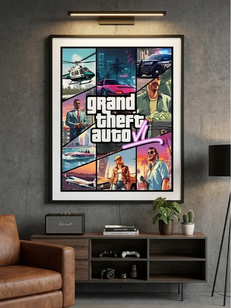 Grand Theft Auto 6 GTA VI Collage Poster, Vice City Crime Action Gaming Print, Vintage Video Game Aesthetic, Boys Bedroom Decor, Gamer Setup Decoration  Copy Title 2