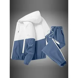 Men's Sports Jacket and Pants Set - Polyester Paneled Hooded Sportswear, Long Sleeves, Color Block Design, Suitable for Outdoor Hiking and Weekend Leisure - Non-Stretch Fabric, Regular Fit Spring/Autumn (2-Piece Set) Tracksuit mock neck