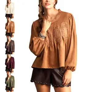 Buenoble Faux Suede Lace Peplum Top for Women Puff Sleeve Babydoll Blouse Soft Chic Fall Winter Ready