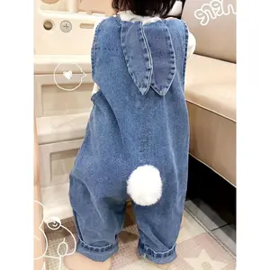 (New)Adorable Youth Light Blue Denim Overalls with Bunny Ear Detail - Casual Loose Fit, Suitable for Spring and Autumn, Machine Washable, Perfect for Outdoor Activities