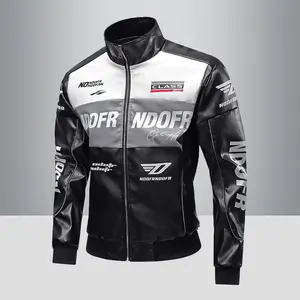 Men's American Street Racing Style Printed Stand Collar PU Leather Jacket Zipper Coat Spring Autumn Trendy Motorcycle Brand Outerwear Menswear Stylish Black Long Sleeve