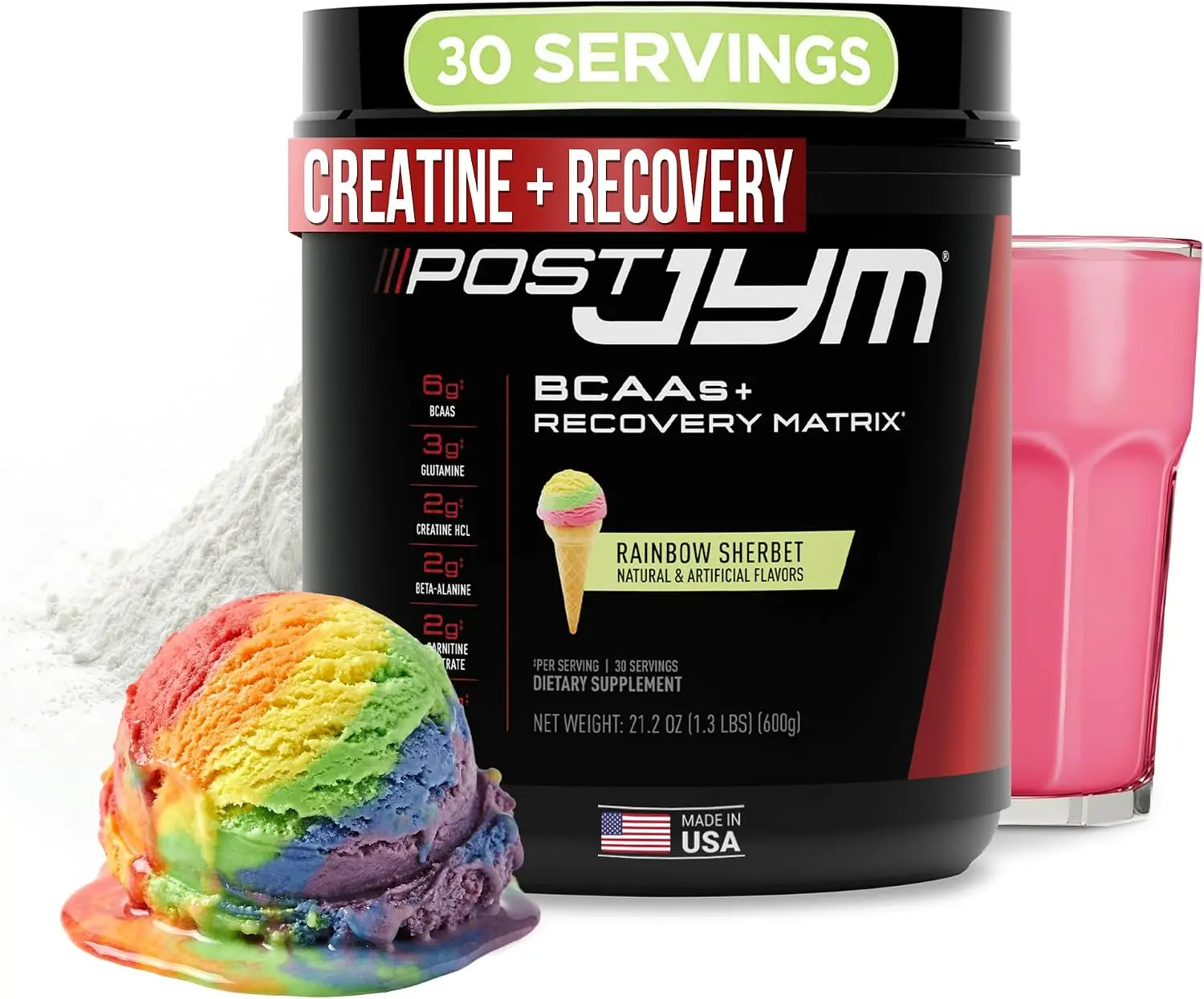 JYM Supplement Science Post JYM Active Recovery Matrix (Rainbow Sherbet, 30 Servings) - BCAA Amino Acid Powder with Creatine HCl, Glutamine & Beta-Alanine