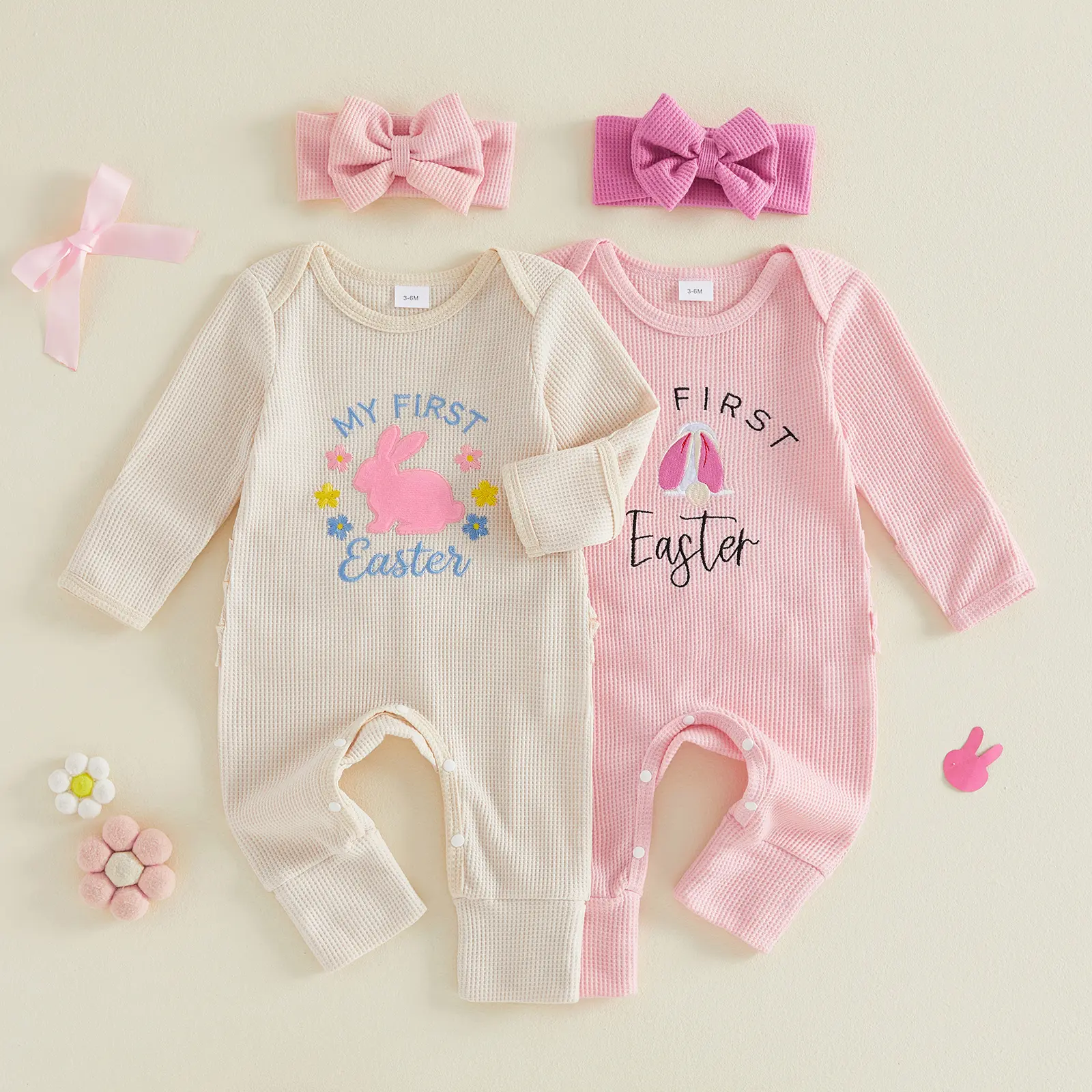 Newborn Baby Girls First Easter Outfits Bunny Letter Embroidered Long Sleeve Romper with Headband Set 0-12 Months