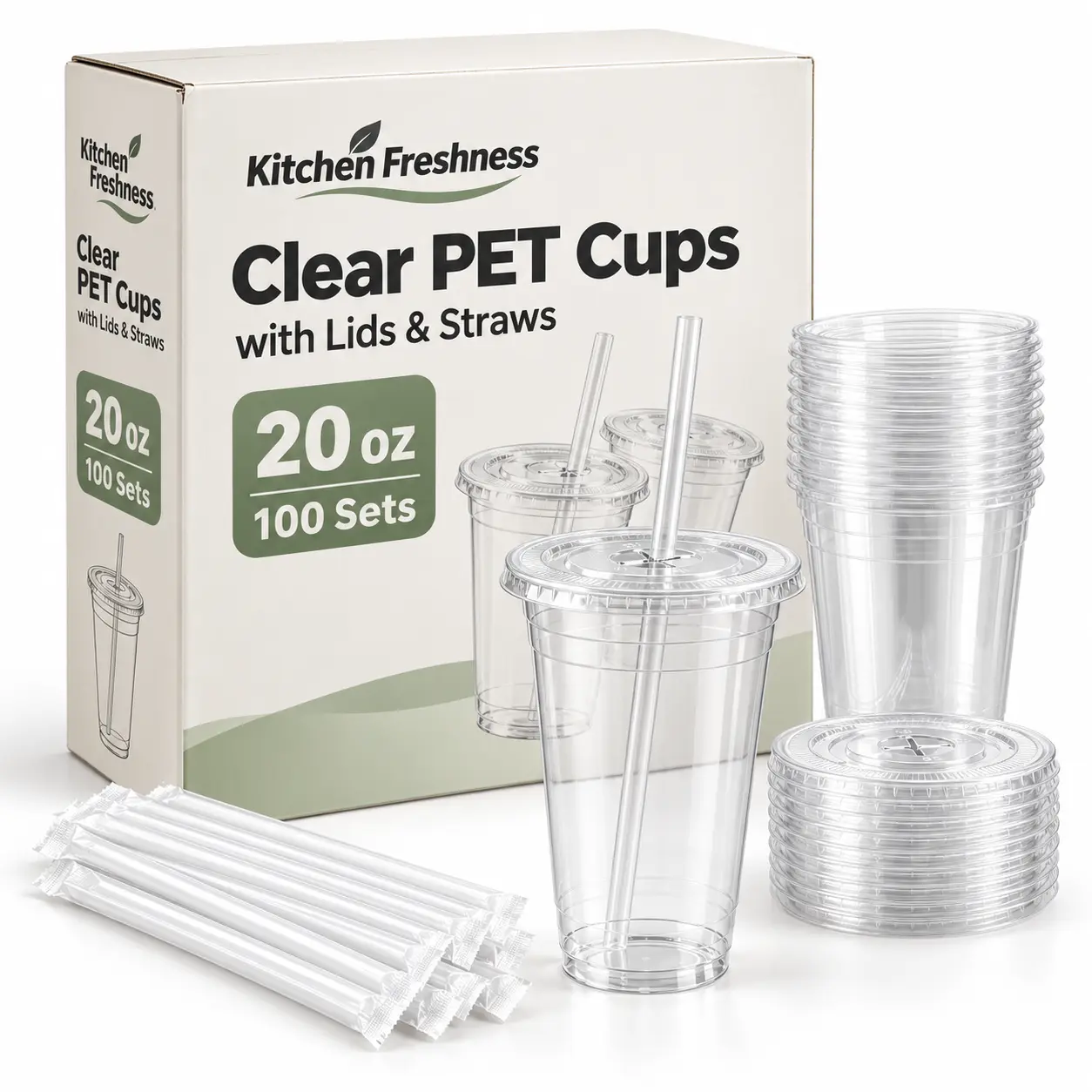 Kitchen Freshness 100 Sets Clear PET Plastic Cups with Lids and Straws, 16/20/24/32 oz Options, Disposable To-Go Cups for Iced Coffee, Cold Drinks, Parties and Picnics