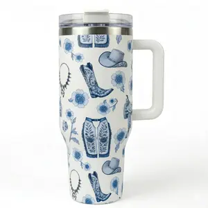 Summer Travel Essential: 40oz Western Tumbler with Handle & Straw,  Graduation Gift for Her, Double Wall Vacuum Insulated Cup, Car Cup Holder Friendly, Stay Cold All Day