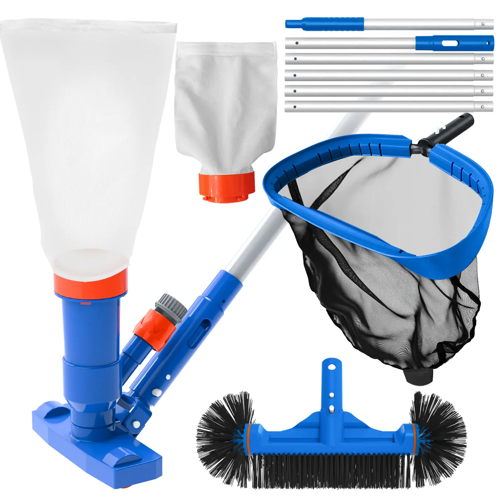 POOLWHALE Pool Cleaning Kit with Spa Jet Vacuum Cleaner, 8-Foot Pole, Leaf Rake Net & Round Brush for Inflatable and Above-Ground Pools Pool Cleaning System Pool Cleaning Equipment, Swimming Pool Accessories, Above Ground Pool Outdoor Pool Accessories
