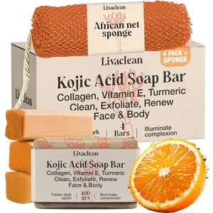 LivaClean Kojic Acid Soap Set - 4 x 100g Bars + African Net Sponge, Deep Cleansing & Exfoliating Face & Body Soap for Fresh, Smooth, Radiant-Looking Skin