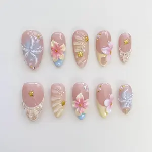 Starfish Bloom Elegance Press On Nails Short Almond Nails/Flower Nails/Yellow Nails/Spring Summer Nails/Shell Nails/Birthday Nails