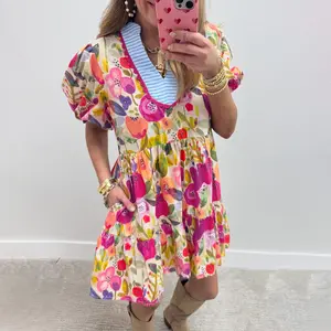 MULLVEIG Women's Floral Boho Dress Contrast Trim V Neck Short Sleeve Summer Vacation Easter Party Dress Casual Womenswear