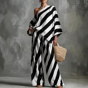 Vintage Striped Printed Top and Wide Leg Pants Two-piece 2026 Lazy Chic