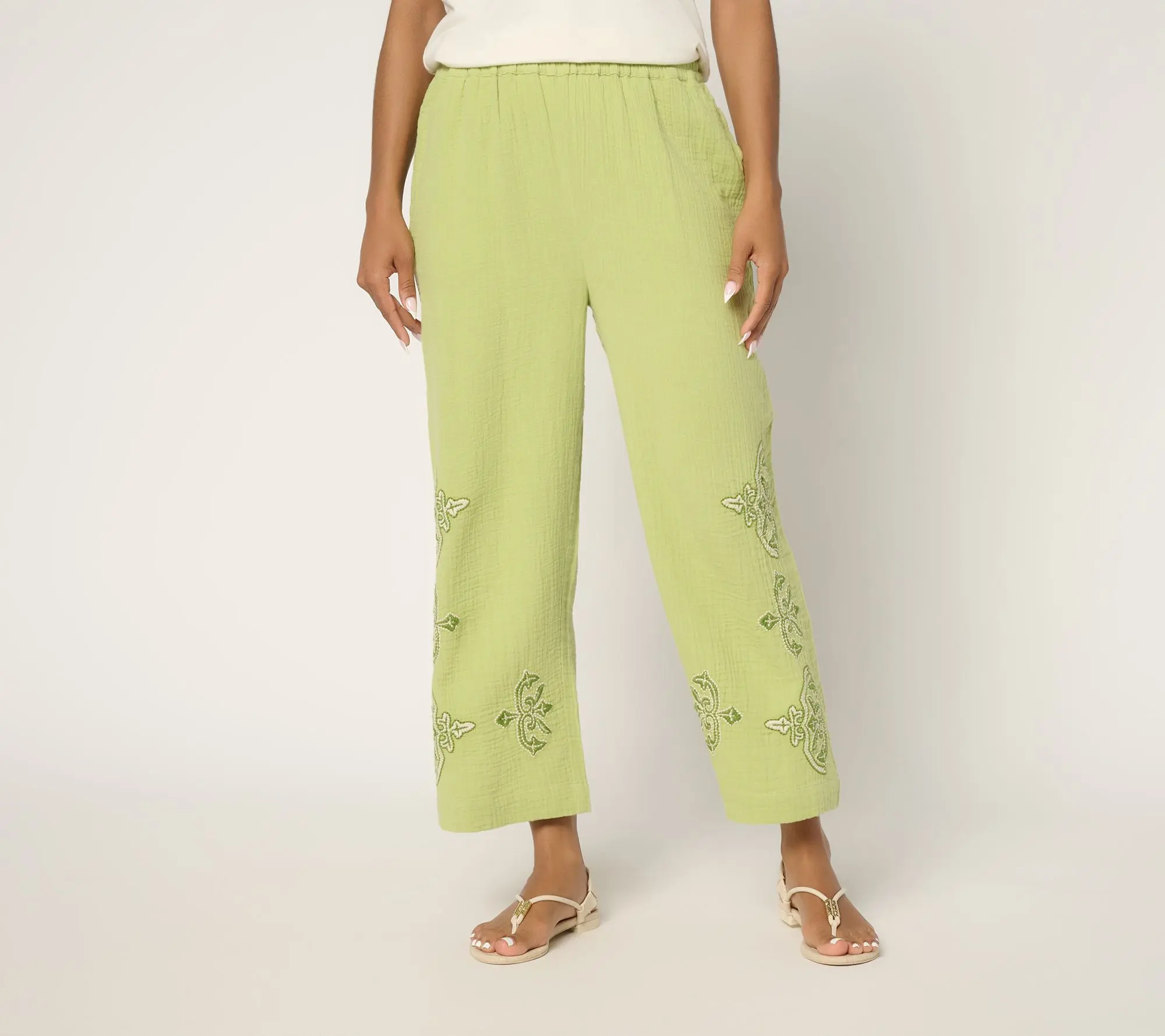 Susan Graver PURE Regular Getaway Gauze Embroidered Wide Leg Pants