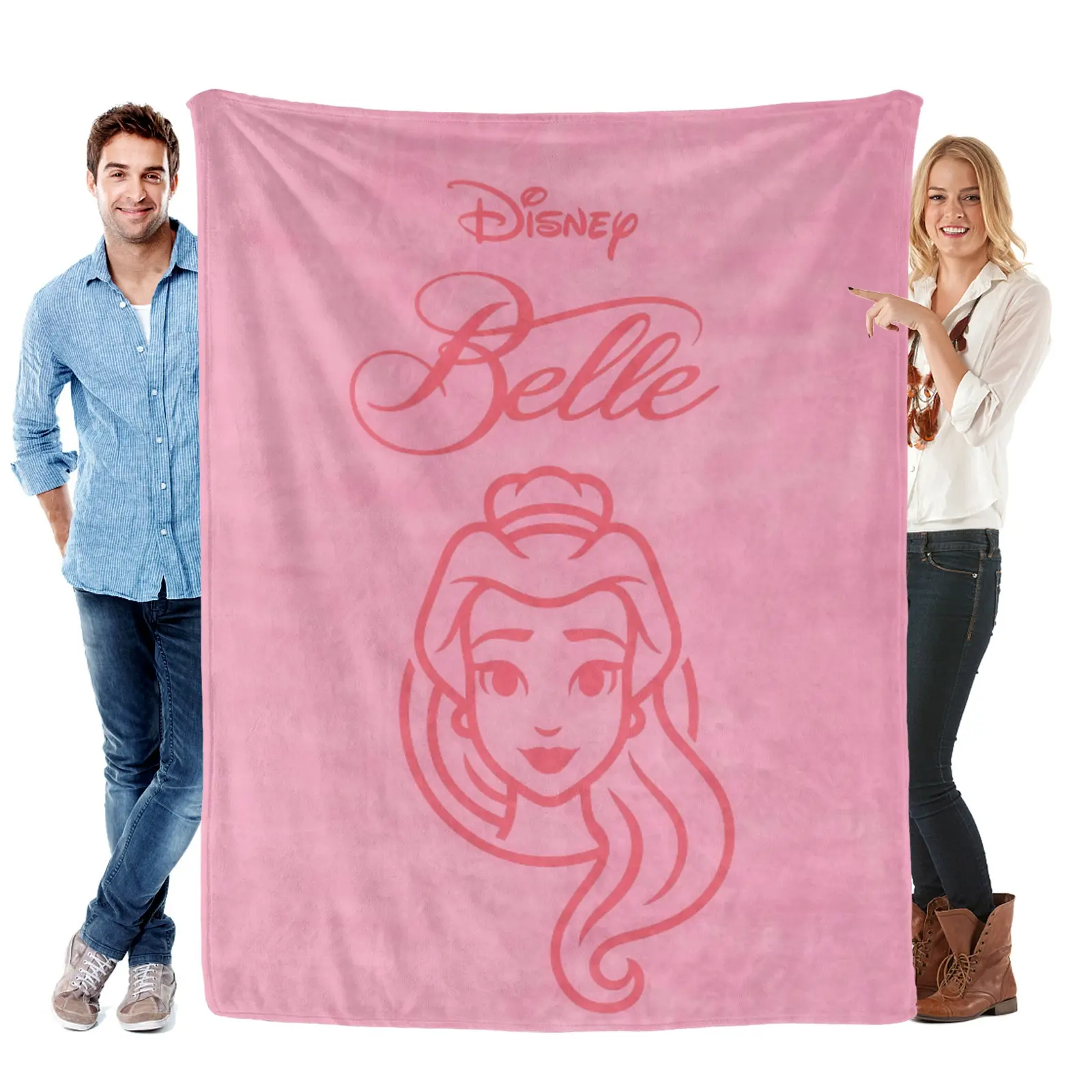 [Summervibes] Disney Belle Minimal Line Art Pink Blanket, Soft Flannel Throw, Gentle Girls Bedroom Decor, Beauty And The Beast Princess Merch