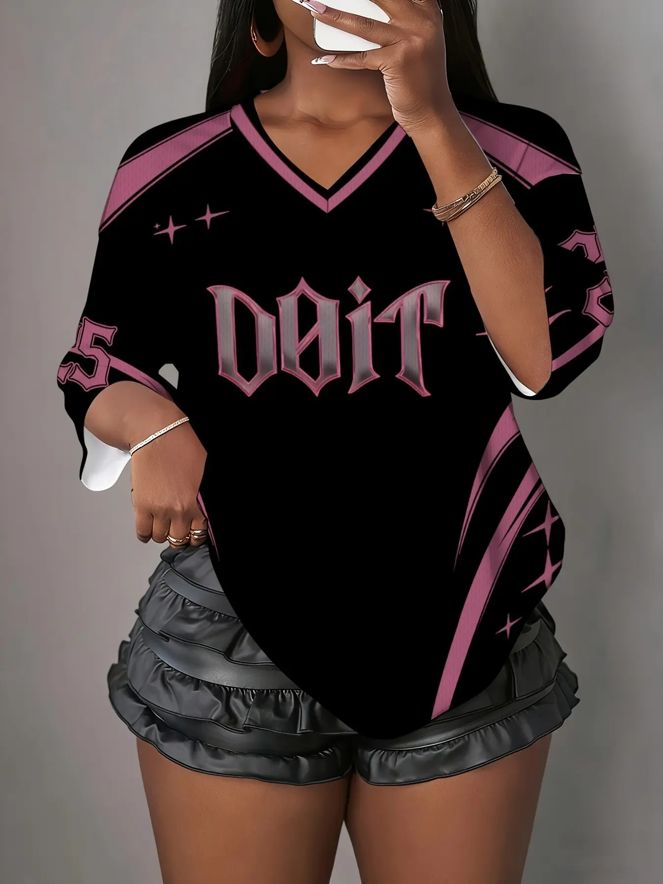 Women's Summer V-Neck Short Sleeve T-Shirt, Loose-Fitting Sporty Print Top, Digital Print, Casual Sporty Design, All Seasons Fashion, Casual Sport Top, Casual Sports Tops