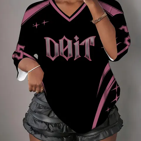 Women's Summer V-Neck Short Sleeve T-Shirt, Loose-Fitting Sporty Print Top, Digital Print, Casual Sporty Design, All Seasons Fashion, Casual Sport Top, Casual Sports Tops