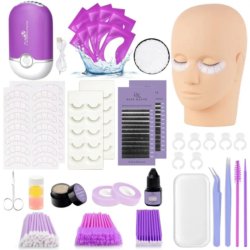Beginner Eyelash Extension Kit with Silicone Brush, Mannequin Head, Individual Lash Glue, Eyelash Remover, Fan & Lash Supplies Tools – Ideal Practice Gift Set