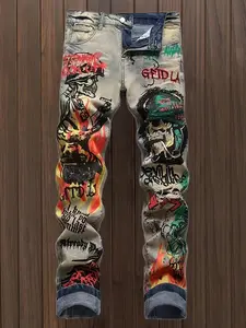 Men's Graffiti Print Denim Cargo Jeans, Regular Fit Casual Fashion Ripped Straight Leg Jeans for Daily Wear, Men's Bottoms for Summer
