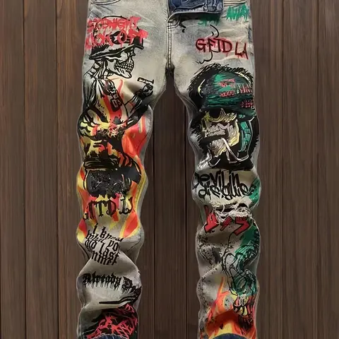 Men's Graffiti Print Denim Jeans, Ripped Pants, Regular Fit Casual Fashion Ripped Straight Leg Jeans for Daily Wear, Men's Bottoms for Summer