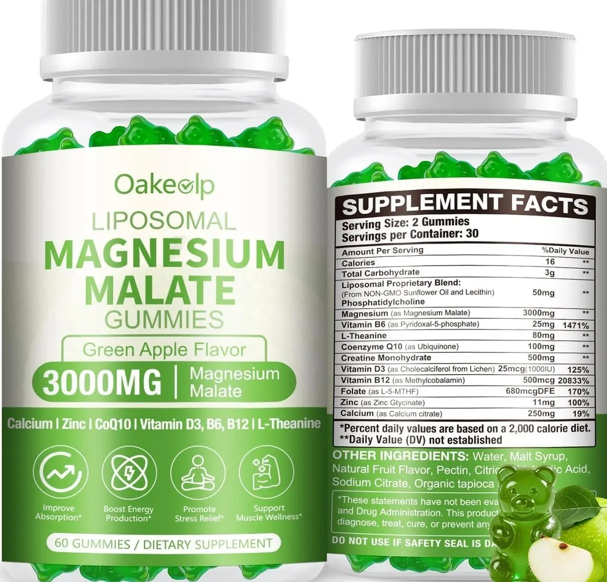 Liposomal 3000mg Magnesium Malate Gummies Supplement,Complex Creatine Monohydrate,Folate, Active B12 & D3, L-Theanine & CoQ10, for Stress Relief,Methylation, Energy, Muscle & Calm