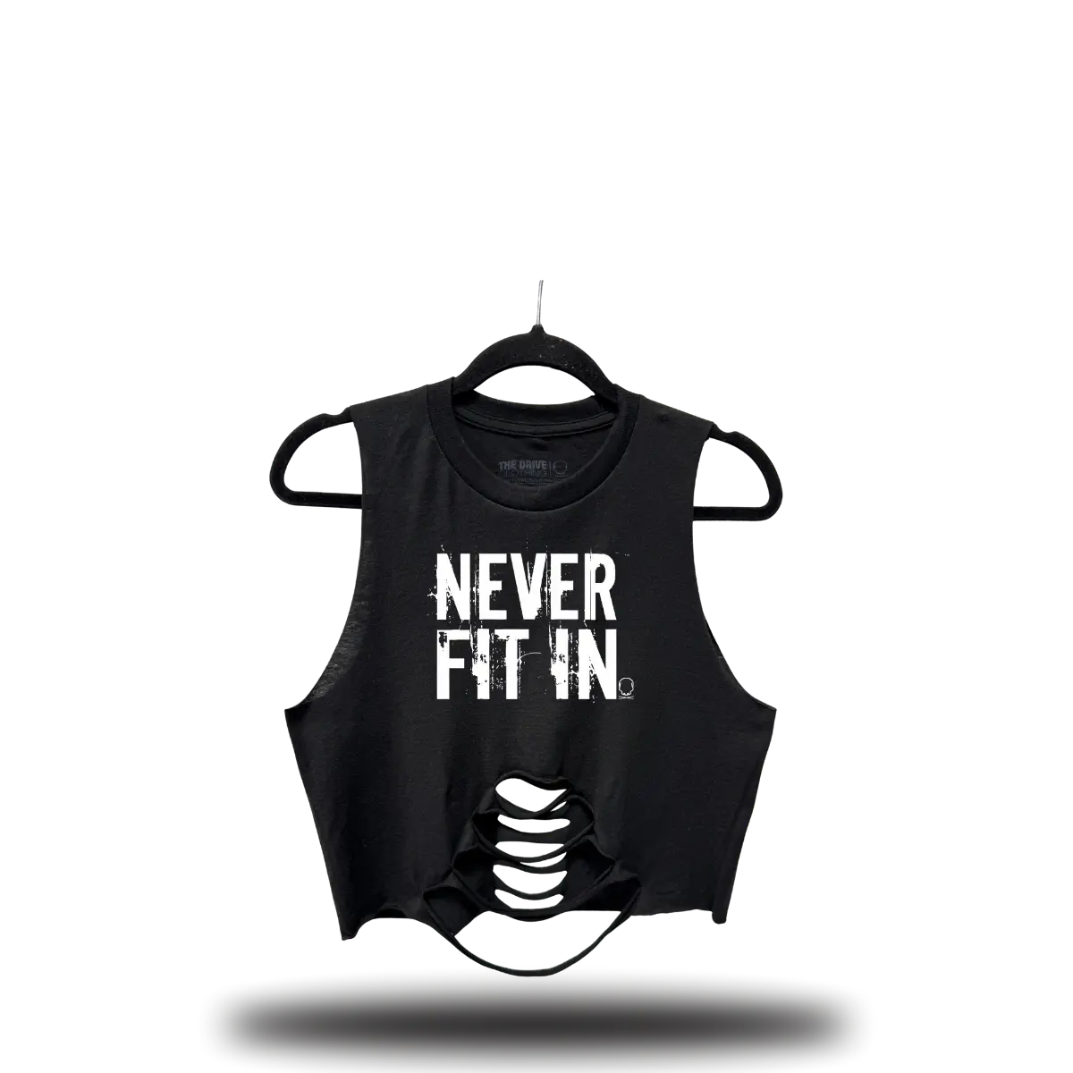 TheDriveClothing NEVER FIT IN Road Rash Mid Spine Crop Top – Black Unisex Y2K Streetwear, Edgy Graphic Tank, Vintage White Print, Biker Chic, TikTok Outfit, Festival & Casual Summer Top