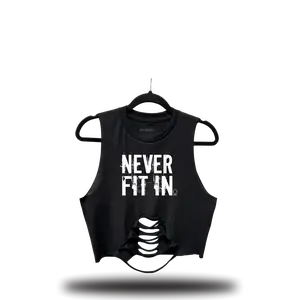 TheDriveClothing NEVER FIT IN Road Rash Mid Spine Crop Top – Black Unisex Y2K Streetwear, Edgy Graphic Tank, Vintage White Print, Biker Chic, TikTok Outfit, Festival & Casual Summer Top