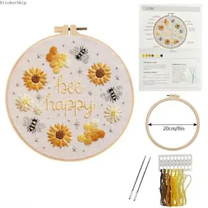 2026 NEW Happy Bee Floral Embroidery Kit, Beginner DIY Stitching Set with Full Materials & English Guide, Fun Handmade Needlework Art Supplies for Kids Adults Leisure Craft & Home Decor Gift