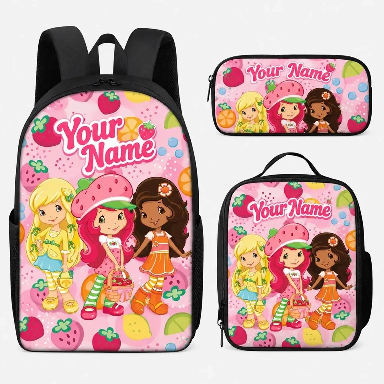 Custom Name Cute Little Strawberry Berry Girl 3Pcs Backpack Set - Schoolbag Insulated Lunch Tote Pencil Case - Back to School Gift