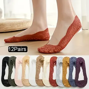 12 Pairs Lace Floral No Show Socks - Invisible Semi-Sheer No-Slip Boat Socks - For Women - Perfect for Sneakers & Flats - Great Gift for Fashionable Women Womenswear Basic