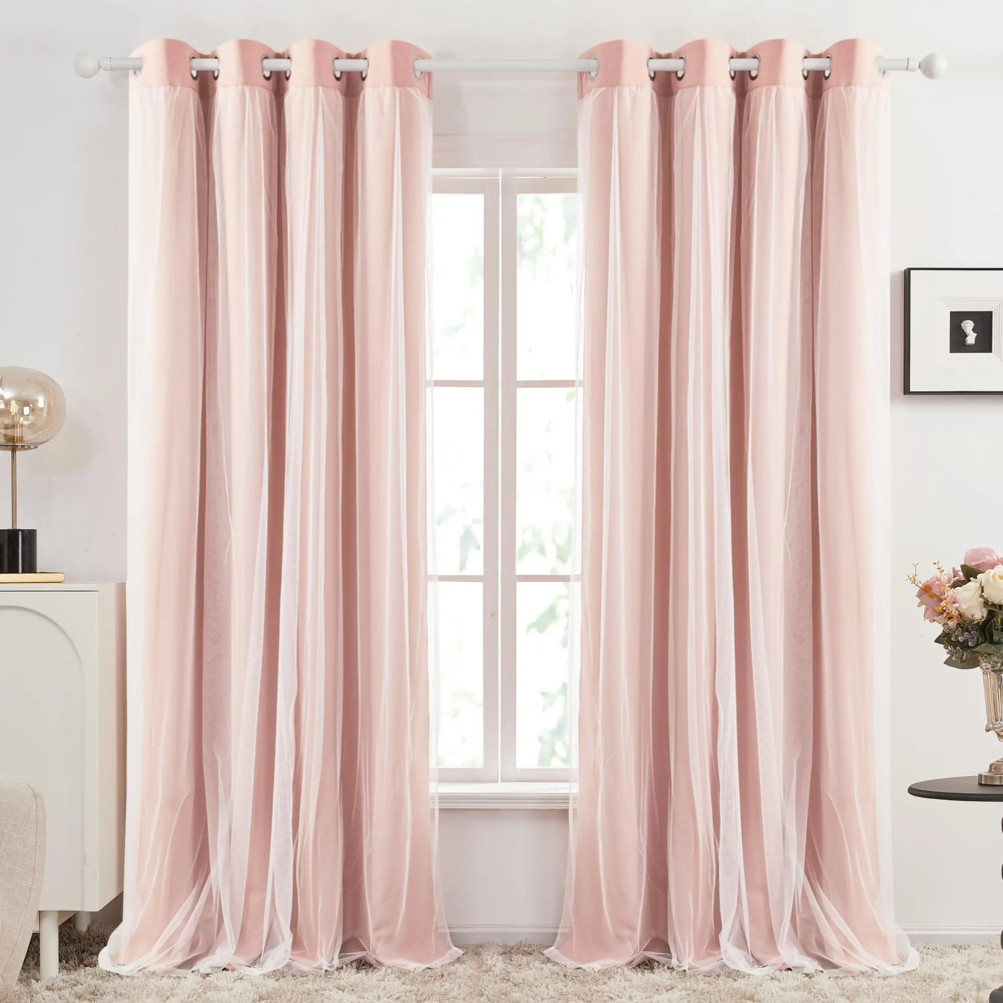 Deconovo Sheer Overlay Curtains (2 Panels, Double Layer) – Room Darkening Drapes with 2 Tie Backs, New Curtains for Bedroom, Living Room, Kids’ or Gir