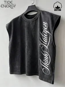 Men's Minimalist Clean Fit Washed Sleeveless Tank Top Vest, Letter Print, Breathable Cotton, Daily, Streetwear & Casual Style