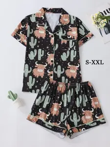 Women's All Over Cartoon Yak & Cactus Print Short Sleeve Pajama Two-Piece Set, Casual Comfy Button Front Chest Pocket Design Lapel Neck Top & Elastic Waist Shorts PJ Set, Ladies Sleepwear for All Seasons, Loungewear, Soft Lounge Sets