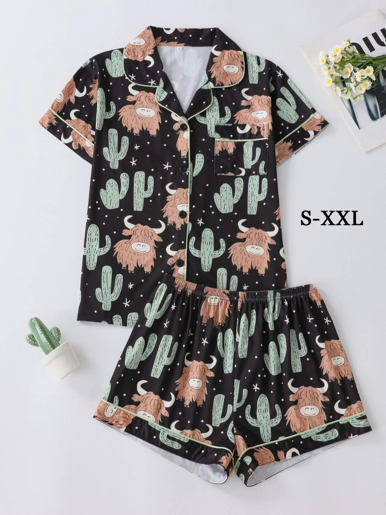 Women's All Over Cartoon Yak & Cactus Print Short Sleeve Pajama Two-Piece Set, Casual Comfy Button Front Chest Pocket Design Lapel Neck Top & Elastic