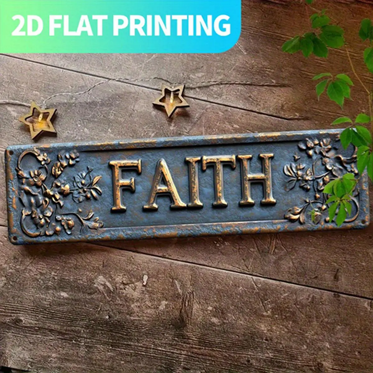 1-Piece Vintage FAITH Aluminium Metal Wall Sign - Home Supplies, Bedroom, Street, Garage Country Rustic Decor, 2D Flat Print, Distressed Blue-Green Patina, Golden Lettering, Ornate Leaf Motifs, 15.7x3.9in Pre-Drilled Hole, Hangable Inspirational Plaque