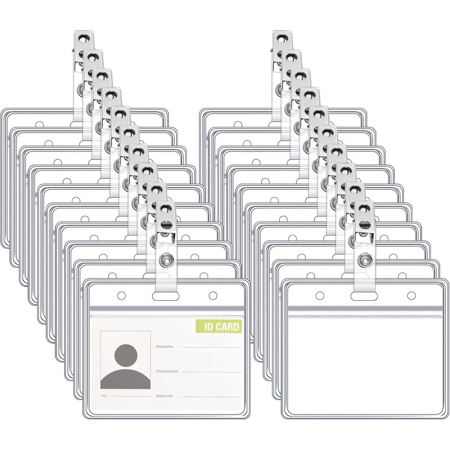 Pack of 50 Clip ID Card Holders - 9x8.5cm Waterproof Transparent Plastic Badge Holders, Clip-On Sleeves for Clothing Name Tags (Fashion Accessory Set)